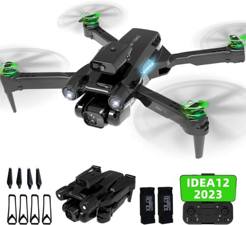 IDEA12 Drone with Camera HD 2 Cameras Drones for Children 135° Electric Adjustable RC FPV WiFi Foldable Quadcopter Toy Planes Gifts 360° Flips Gravity Control Height Hold 2 Batteries
