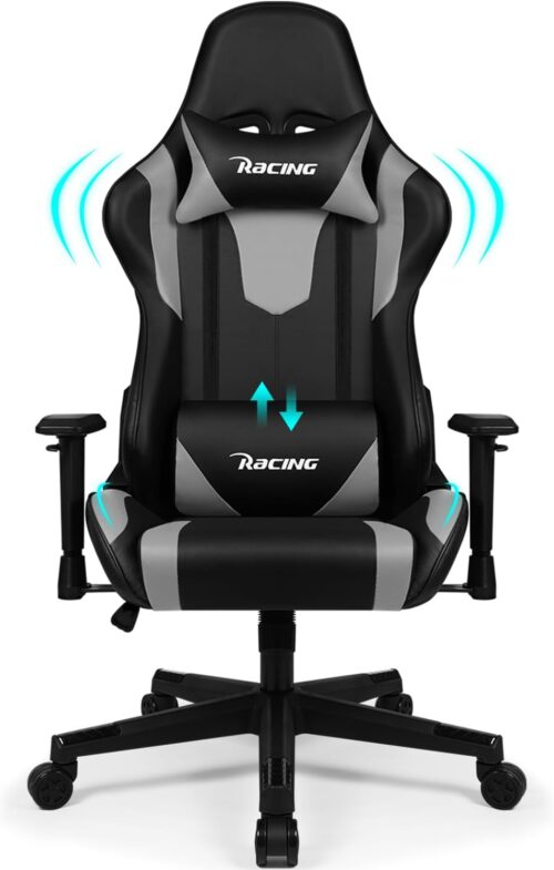 Homimaster Gaming Chair, Office Chair Ergonomic with Adjustable Lumbar Cushion, Pillow and Armrests, Gaming Chair Padded, Gamer Chair Rocker Function, Gaming Chair 150 kg Load Capacity