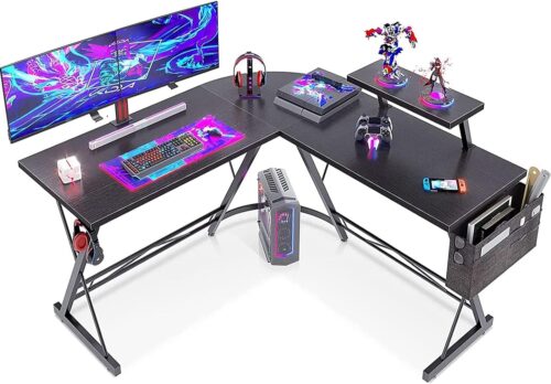 ODK Gaming Table, Computer Desk, Gaming Desk with Round Corner, Gaming Table with Monitor Shelf, 127 x 127 cm, Black